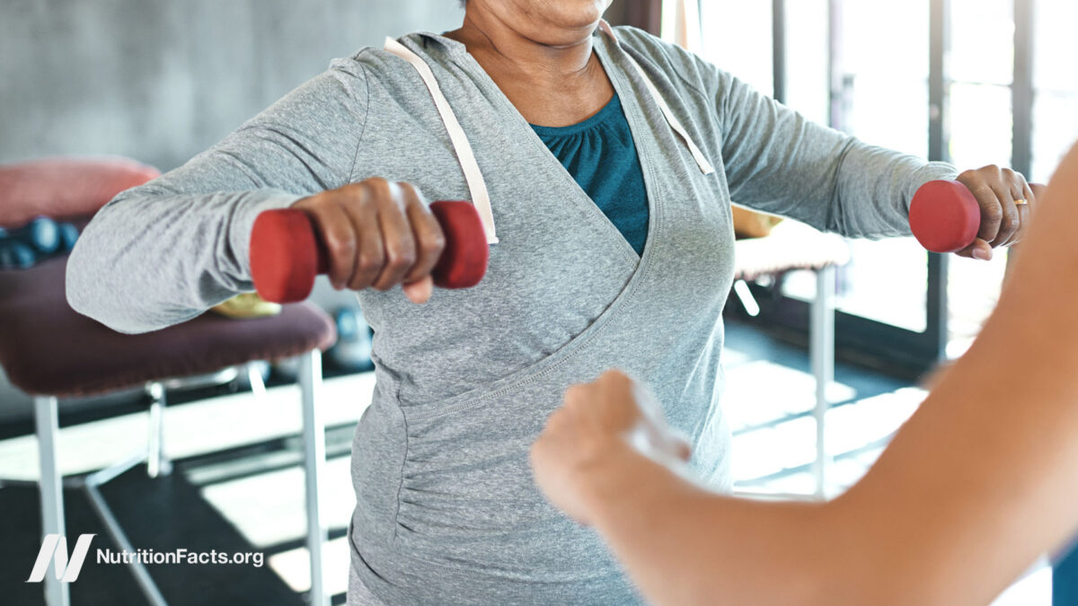 Dumbbell and fitness with old woman, elderly exercise